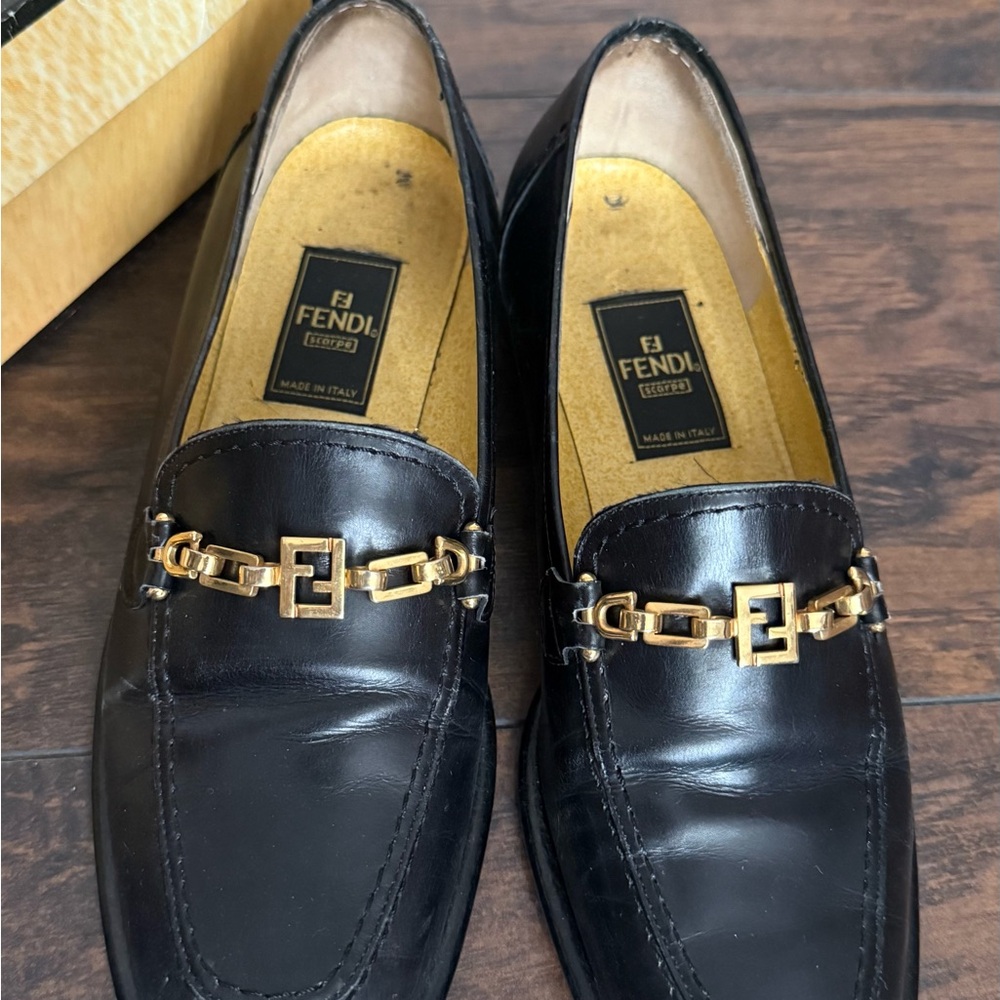 Fendi Women's Black Leather Loafers with Gold Hardware